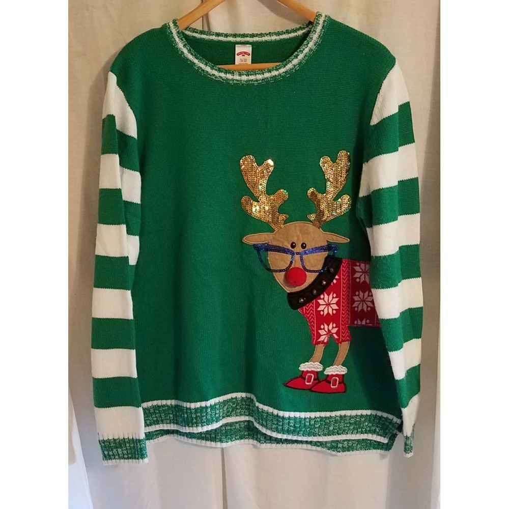 Holiday Time Green Ugly Sweater With‎ Rudolph and Sequined Antlers~Size XL 16-18